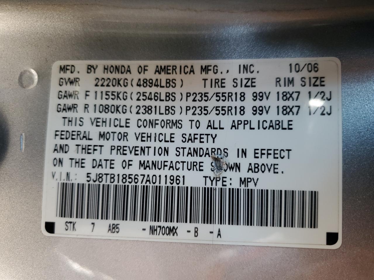 2007 Acura RDX VIN 5J8TB18567A011961 Copart auction photo, front end / side damage thumbnail 13