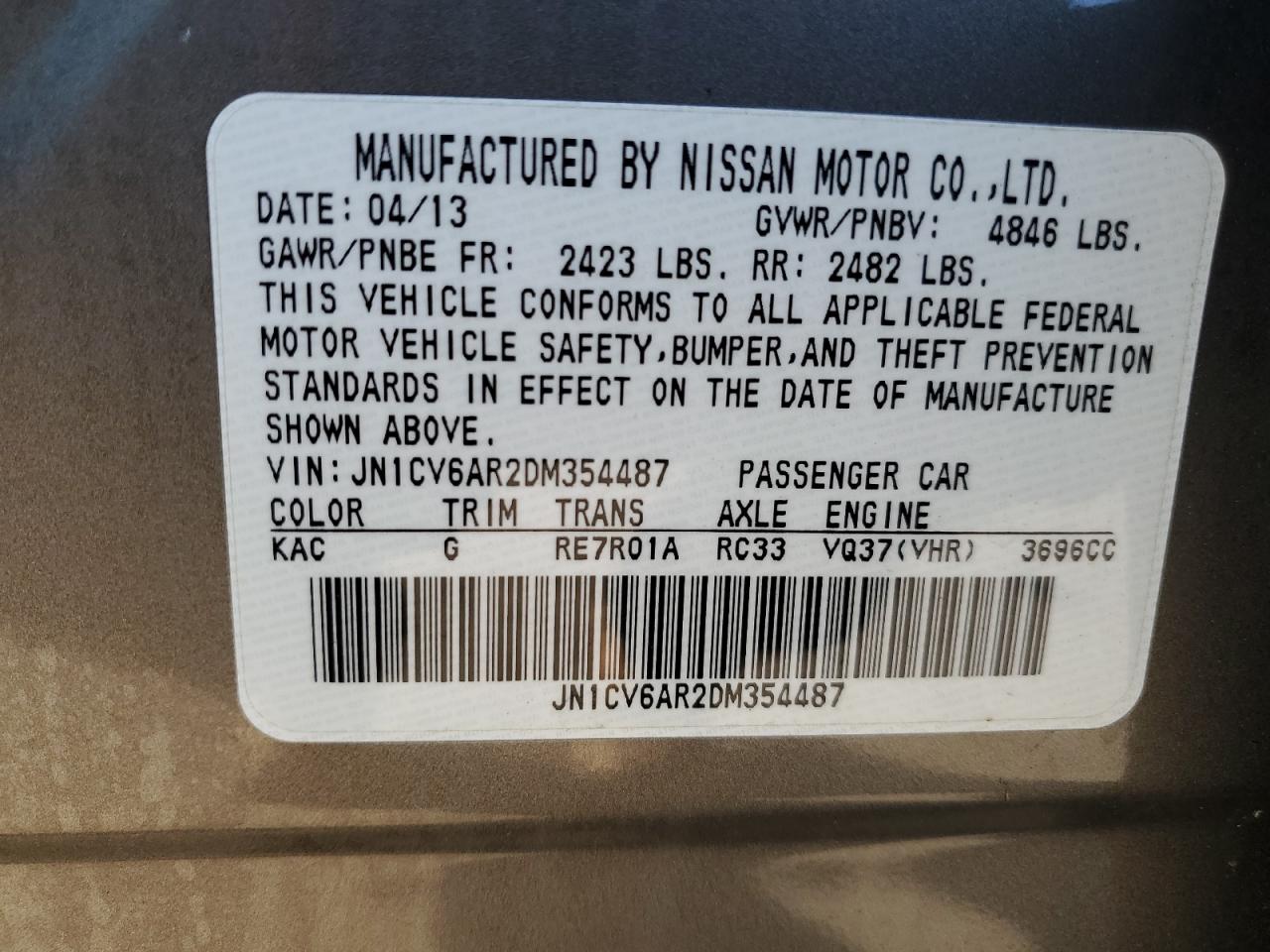 2013 Infiniti G VIN JN1CV6AR2DM354487 Copart auction photo, front end damage thumbnail 12