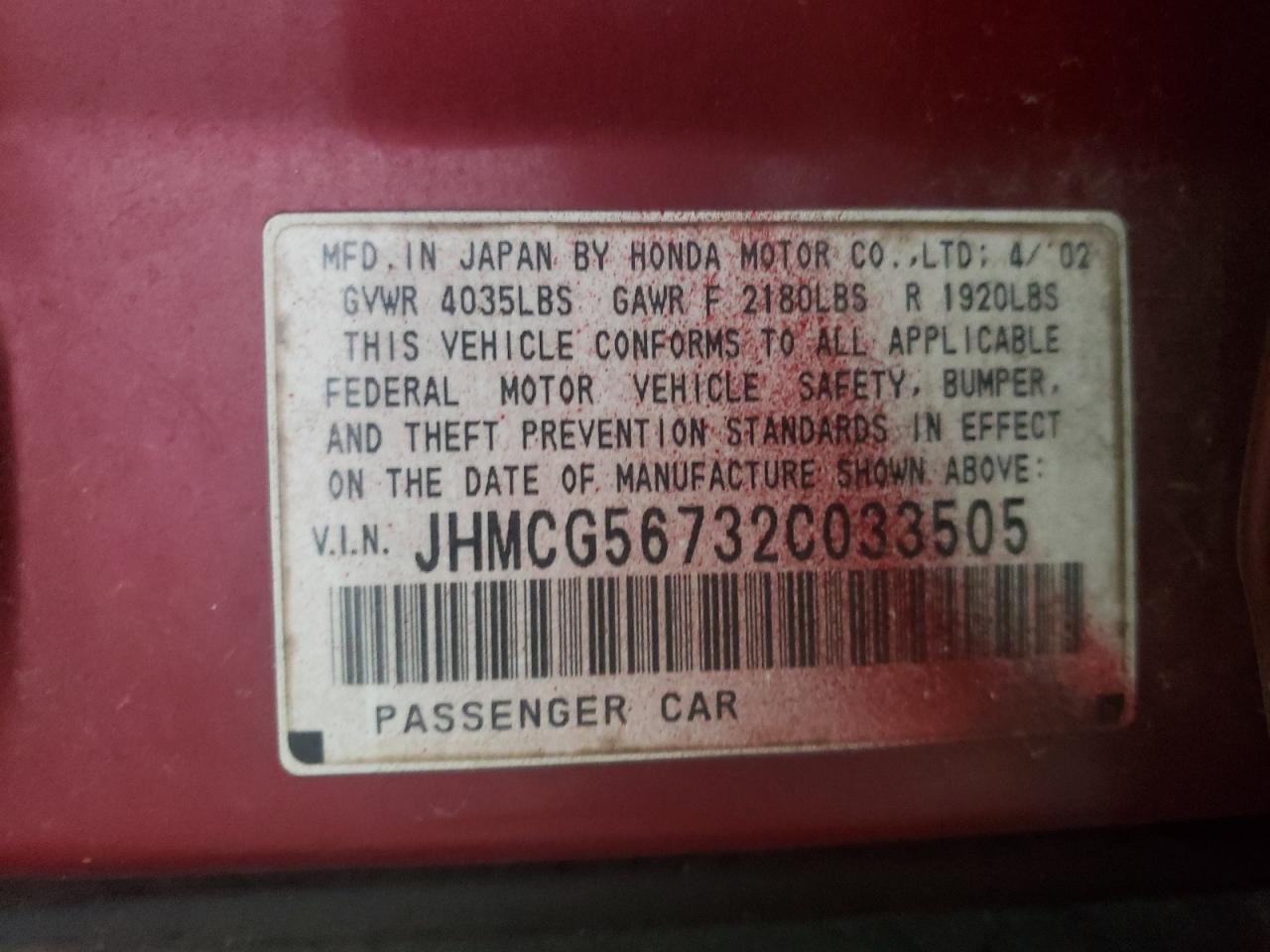 2002 Honda Accord VIN JHMCG56732C033505 Copart auction photo, front end damage thumbnail 12