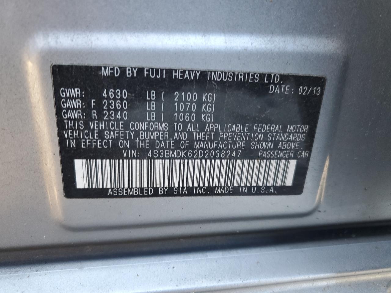 2013 Subaru Legacy VIN 4S3BMDK62D2038247 Copart auction photo, side / rear end damage thumbnail 12