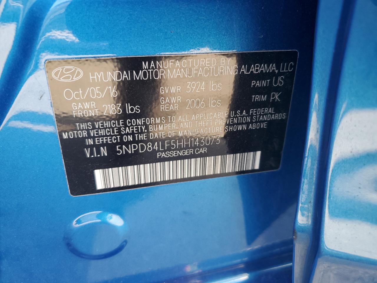 2017 Hyundai Elantra VIN 5NPD84LF5HH143073 Copart auction photo, front end damage thumbnail 13