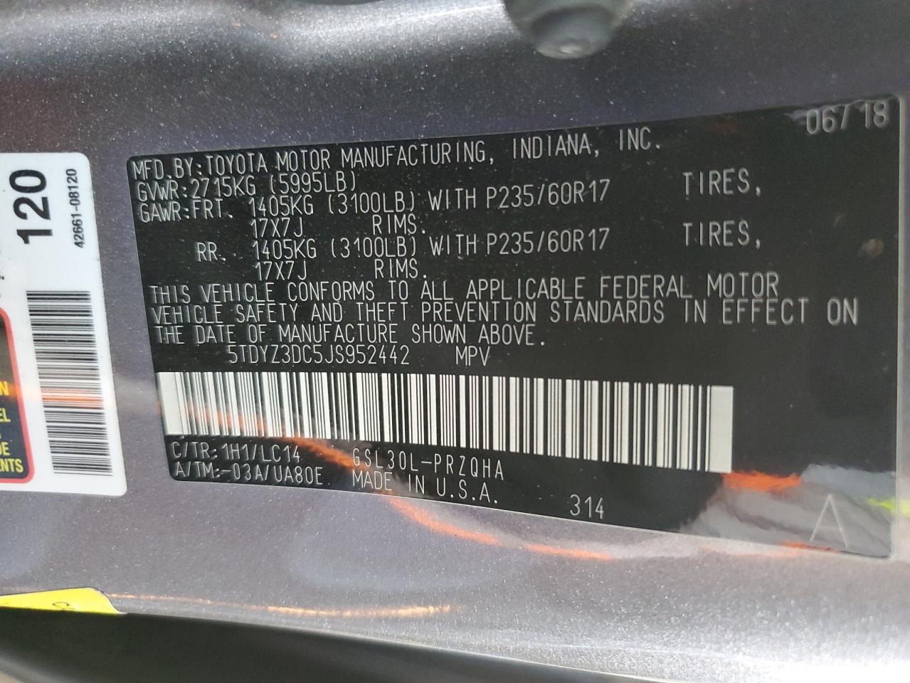 2018 Toyota Sienna VIN 5TDYZ3DC5JS952442 Copart auction photo, front end / rear end damage thumbnail 15