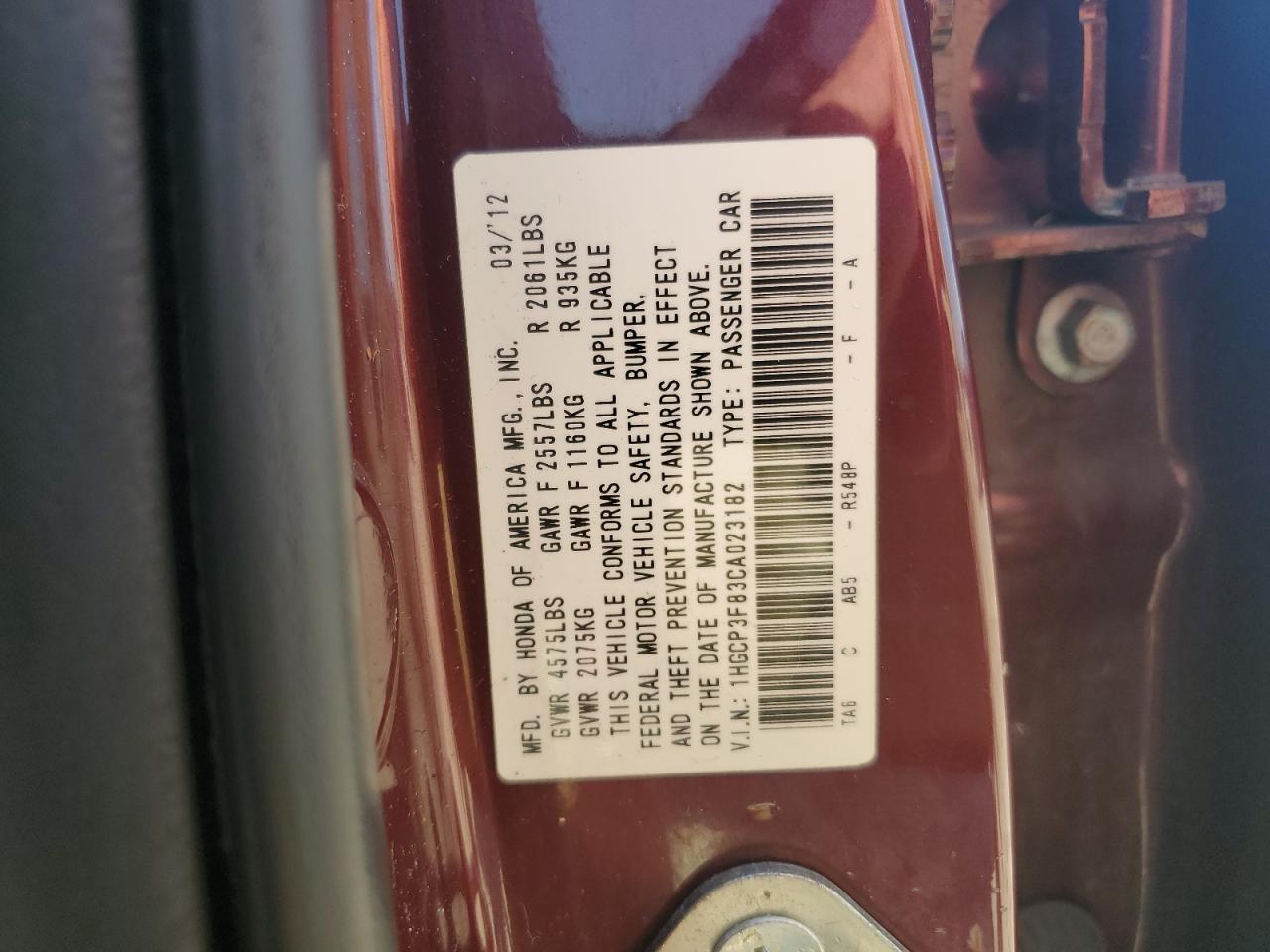 2012 Honda Accord VIN 1HGCP3F83CA023182 Copart auction photo, side / front end damage thumbnail 15