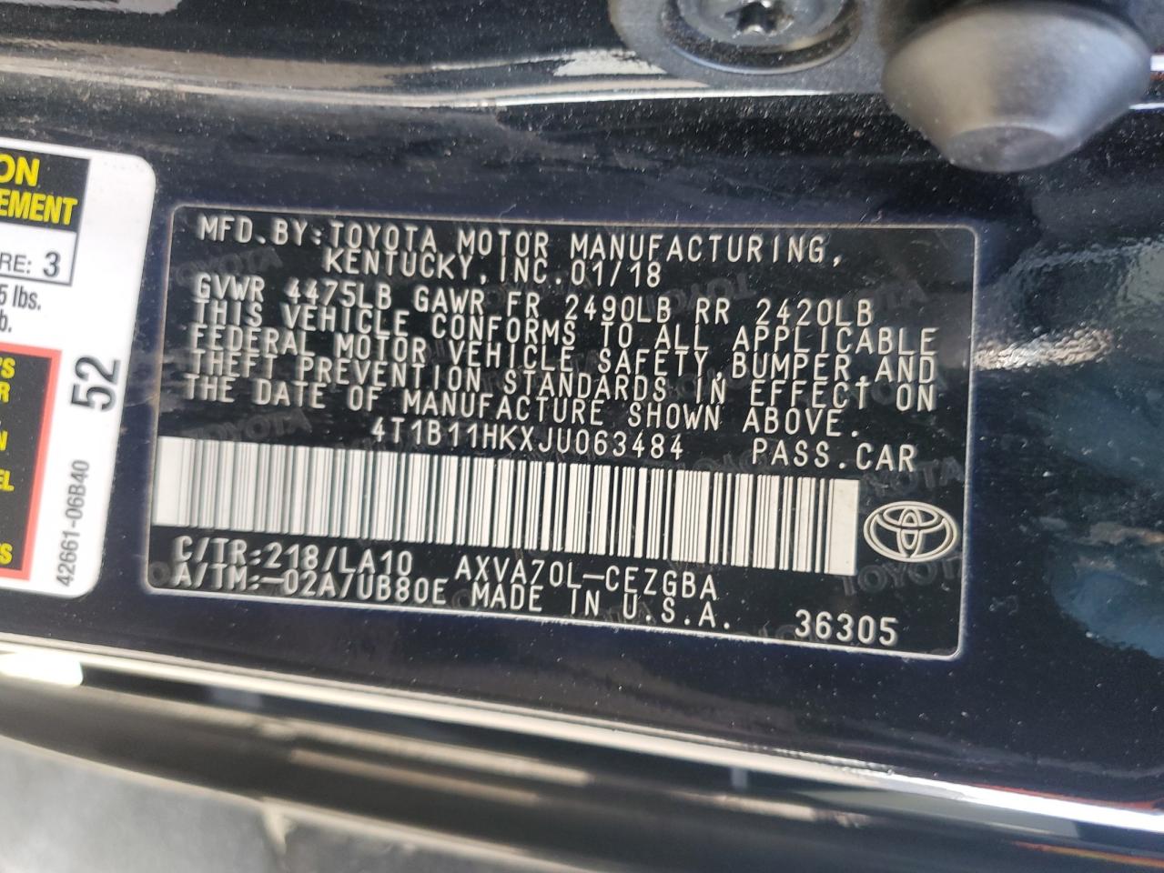 2018 Toyota Camry VIN 4T1B11HKXJU063484 Copart auction photo, front end damage thumbnail 12