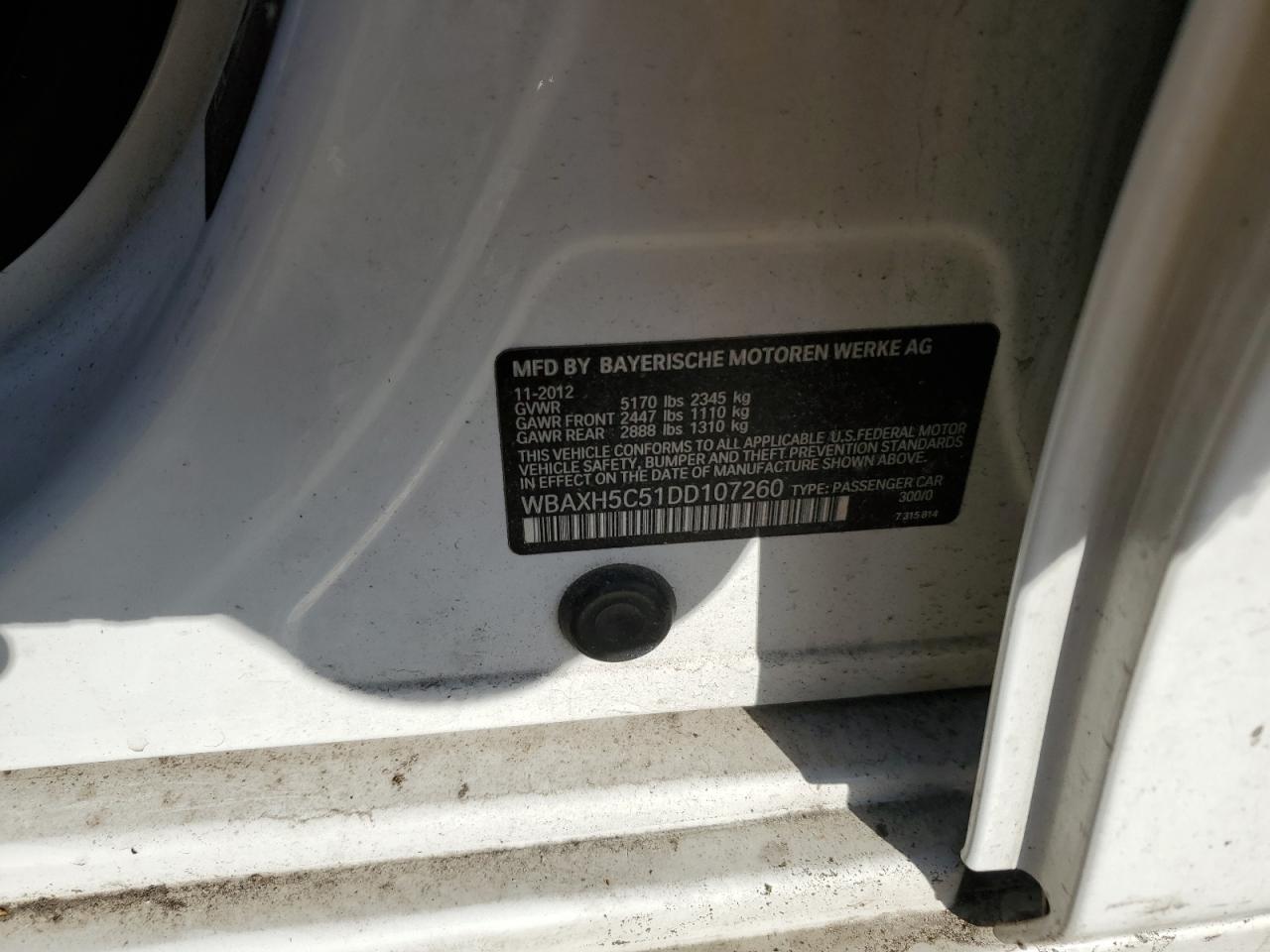 2013 BMW 5er VIN WBAXH5C51DD107260 Copart auction photo, front end damage thumbnail 14