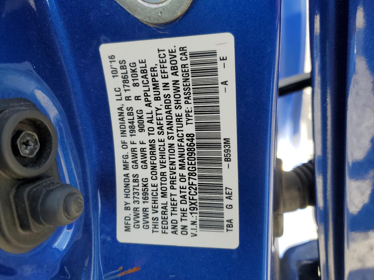 2016 Honda Civic VIN 19XFC2F78GE098648 Copart auction photo, front end / side damage thumbnail 14