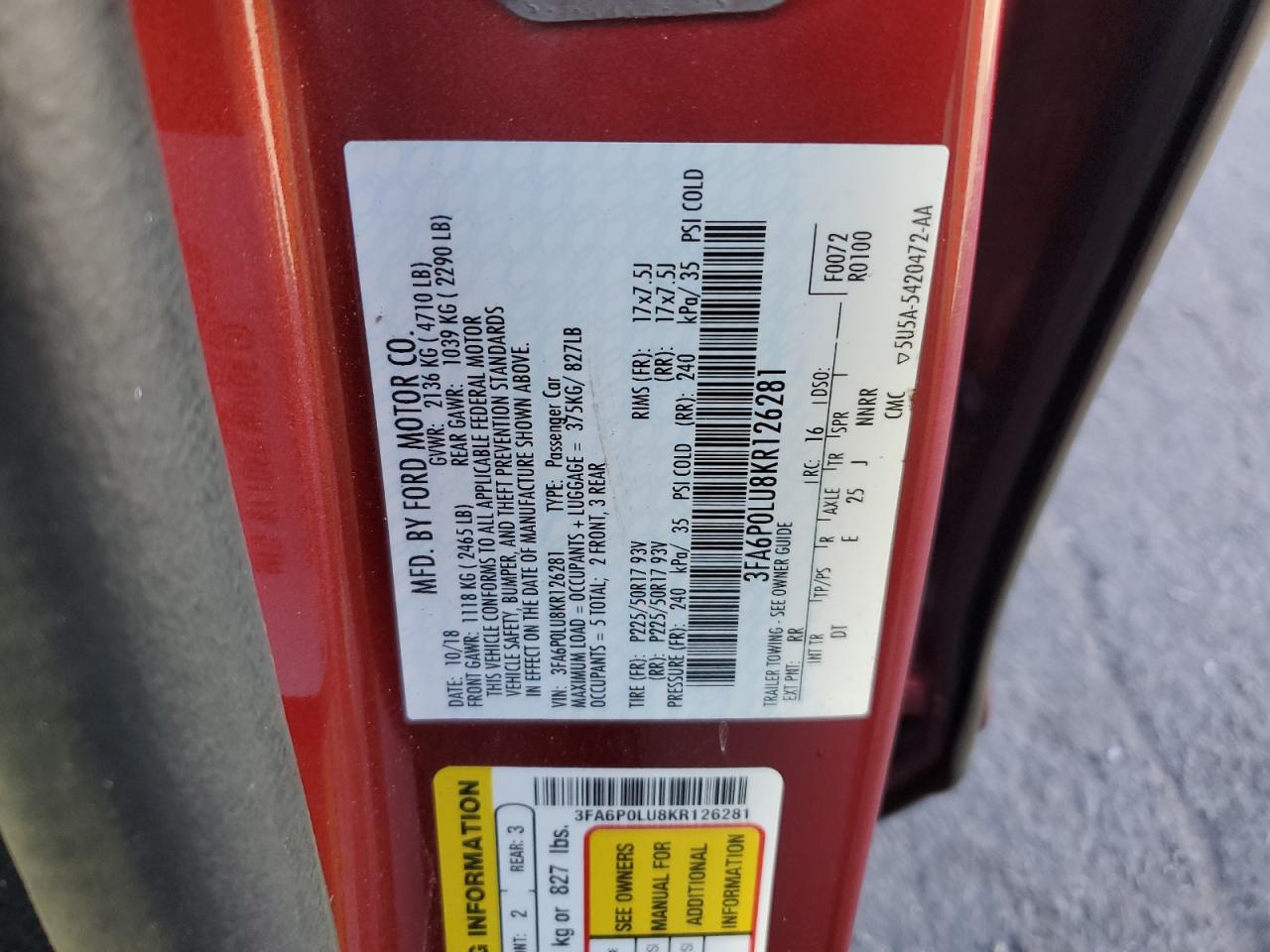 2019 Ford Fusion VIN 3FA6P0LU8KR126281 Copart auction photo, rear end damage thumbnail 14
