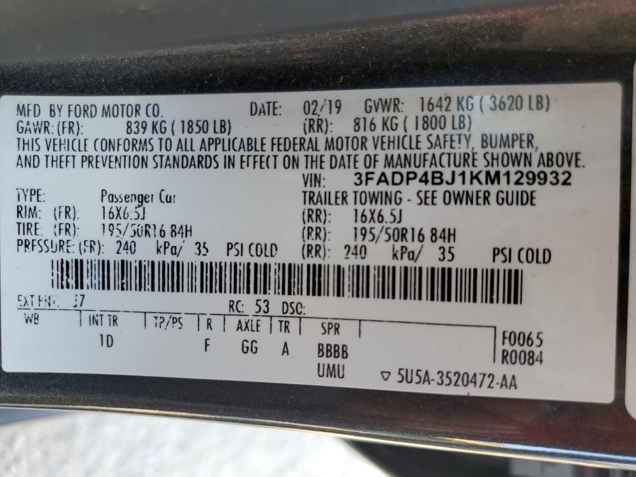 2019 Ford Fiesta VIN 3FADP4BJ1KM129932 Copart auction photo, front end / undercarriage damage thumbnail 13