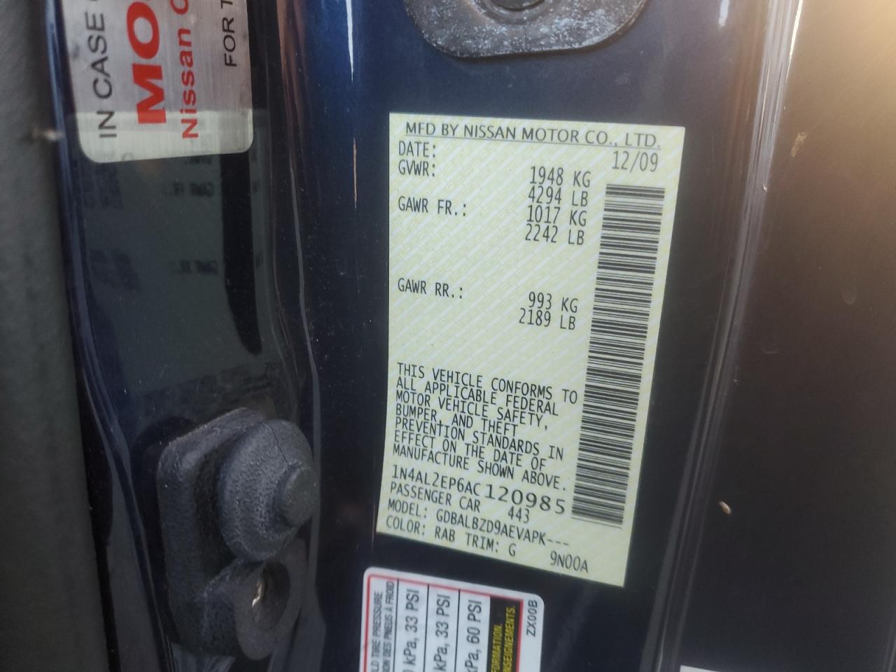 2010 Nissan Altima VIN 1N4AL2EP6AC120985 Copart auction photo, rear end damage thumbnail 12