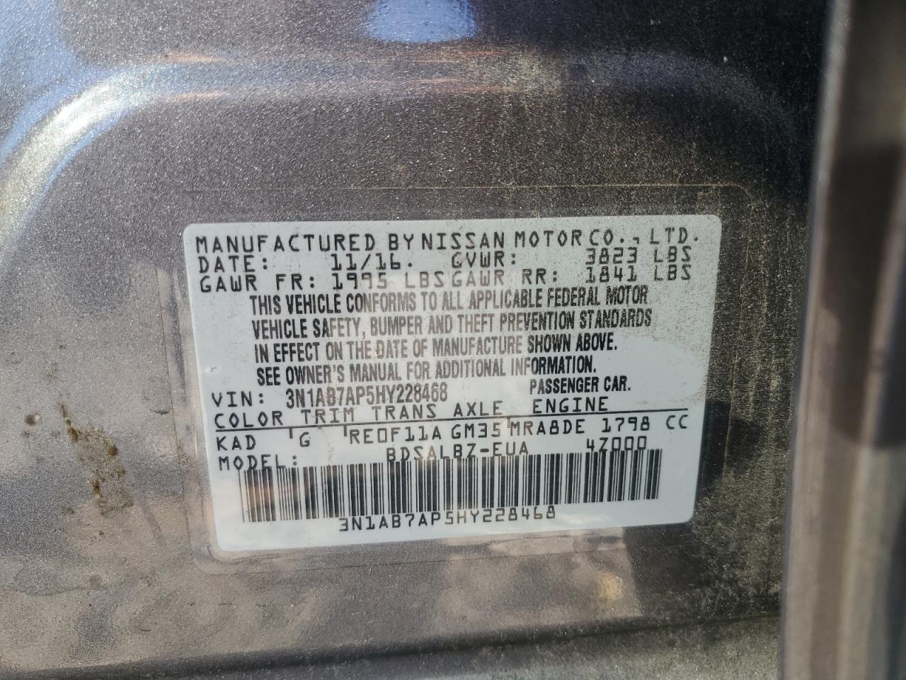 2017 Nissan Sentra VIN 3N1AB7AP5HY228468 Copart auction photo, front end / minor dent/scratches damage thumbnail 13