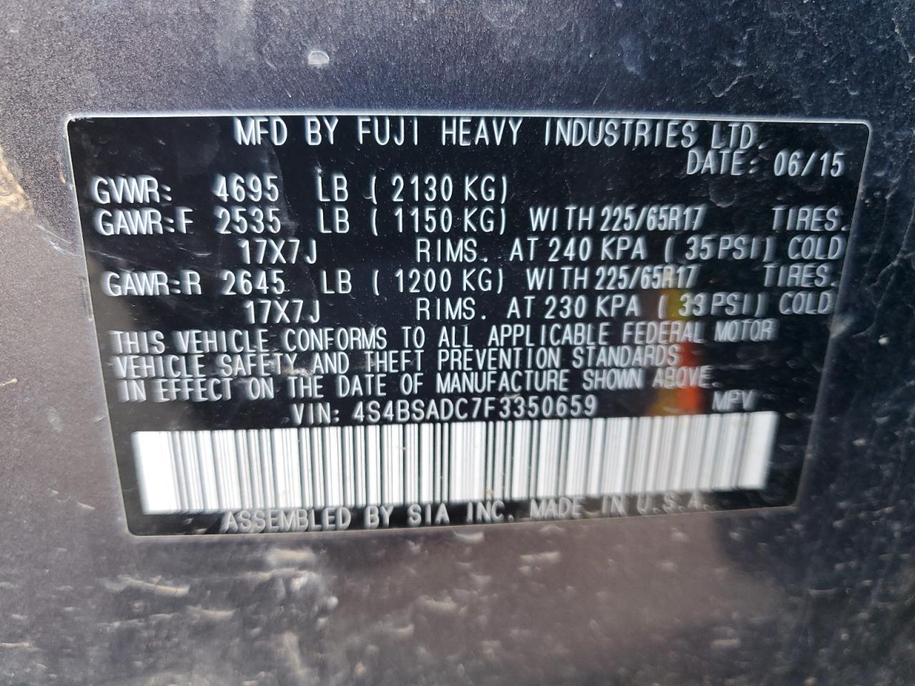 2015 Subaru Outback VIN 4S4BSADC7F3350659 Copart auction photo, front end damage thumbnail 13