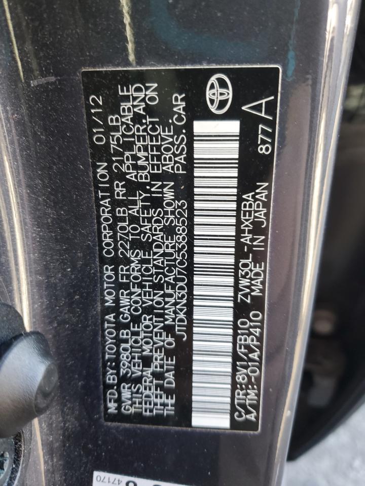 2012 Toyota Prius VIN JTDKN3DU7C5388523 Copart auction photo, front end / rear end damage thumbnail 12
