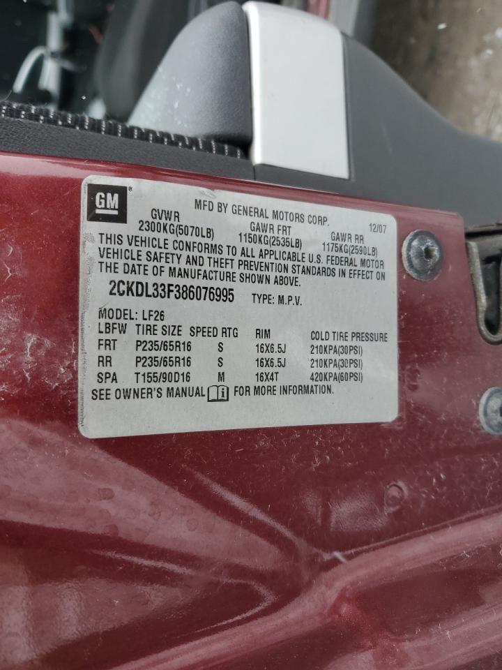 2008 Pontiac Torrent VIN 2CKDL33F386076995 Copart auction photo, rear end damage thumbnail 13