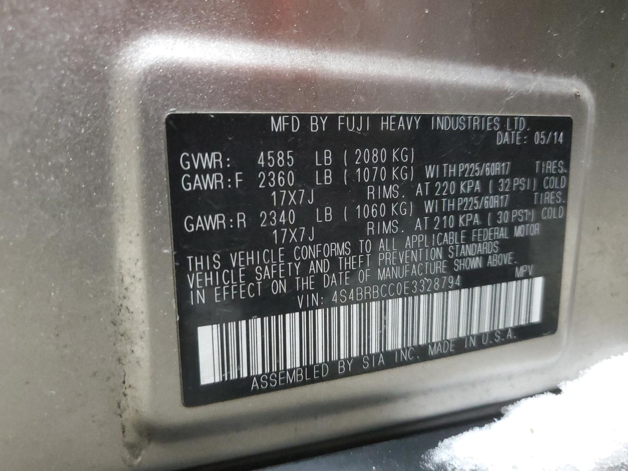 2014 Subaru Outback VIN 4S4BRBCC0E3328794 Copart auction photo, front end damage thumbnail 13
