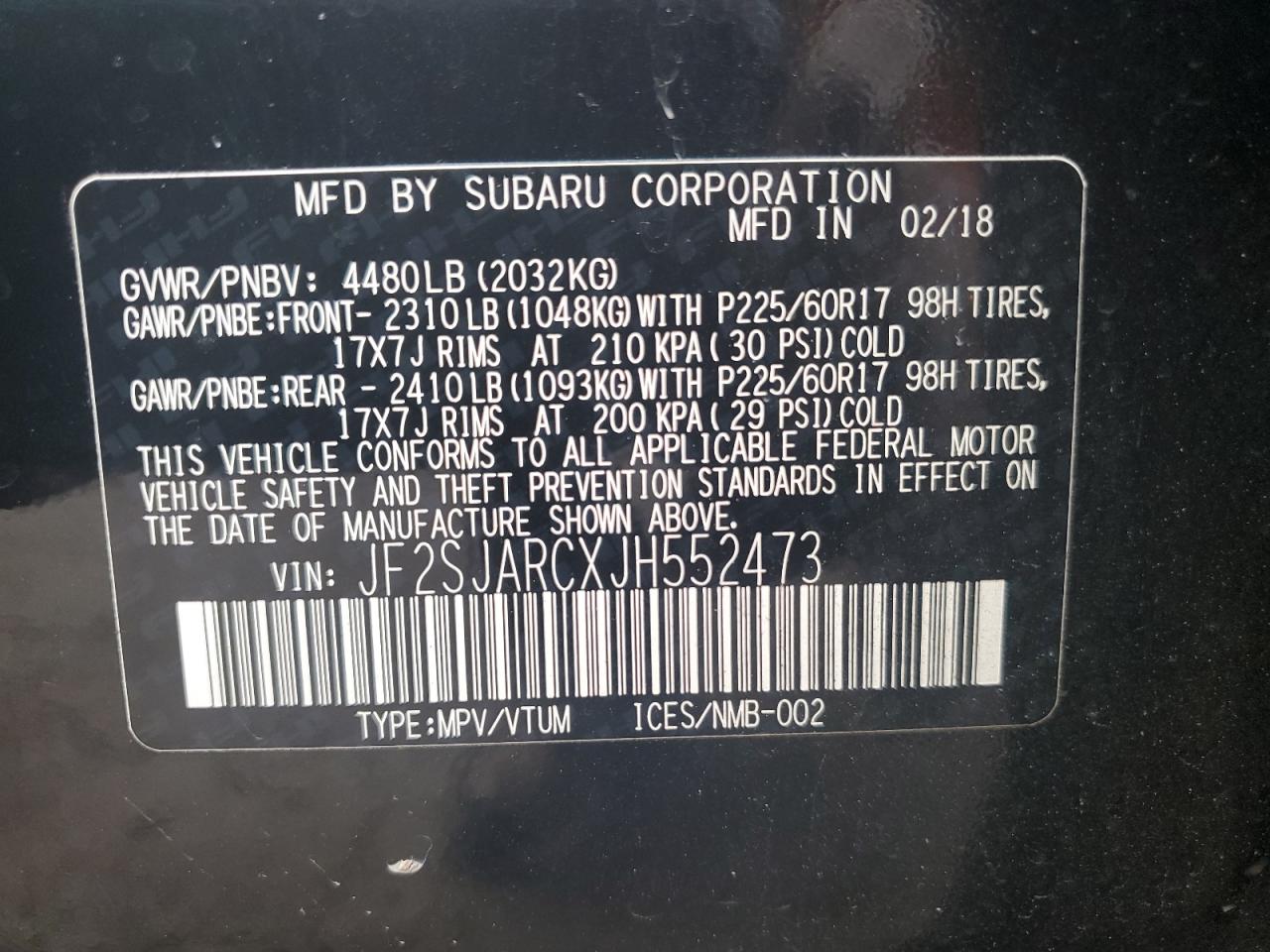 2018 Subaru Forester VIN JF2SJARCXJH552473 Copart auction photo, front end / rear end damage thumbnail 14