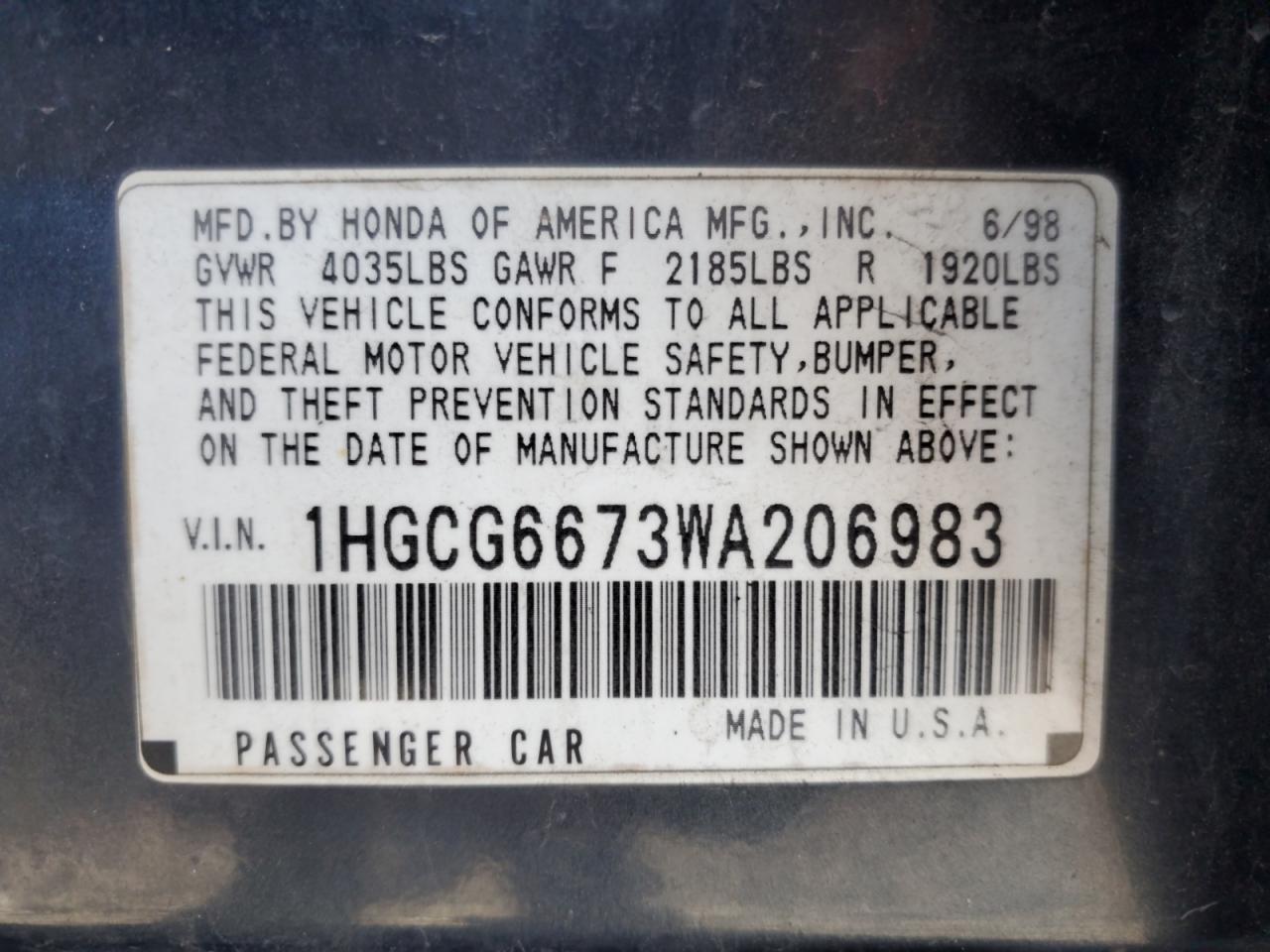 1998 Honda Accord VIN 1HGCG6673WA206983 Copart auction photo, front end damage thumbnail 13