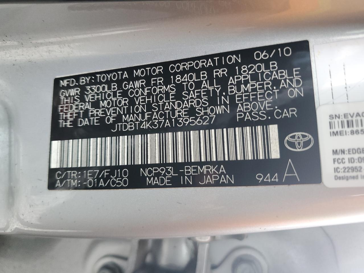 2010 Toyota Yaris VIN JTDBT4K37A1395627 Copart auction photo, side / rear end damage thumbnail 12