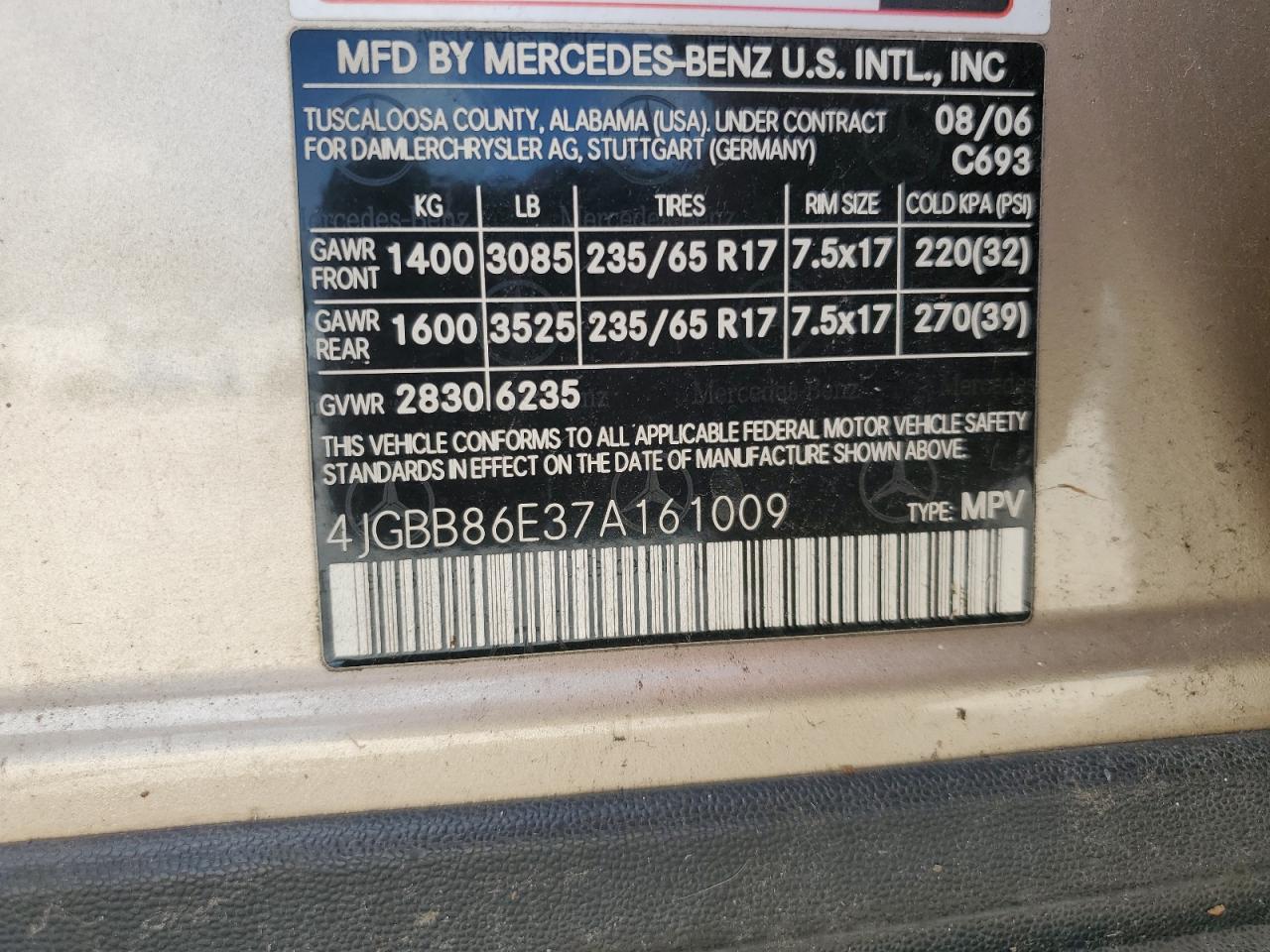 2007 Mercedes-Benz M-klasse VIN 4JGBB86E37A161009 Copart auction photo, side damage thumbnail 13