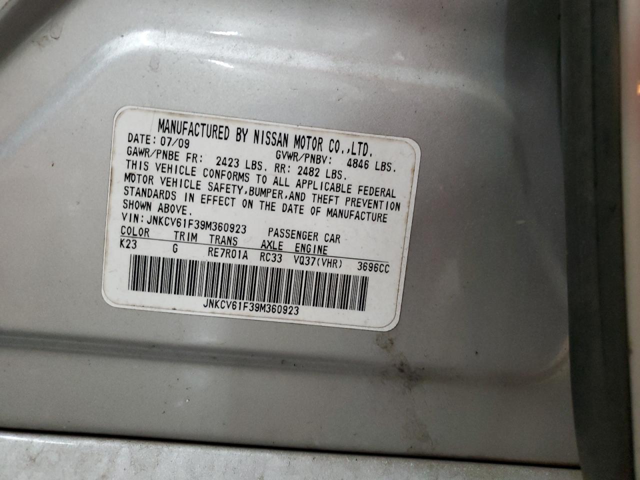 2009 Infiniti G VIN JNKCV61F39M360923 Copart auction photo, front end / side damage thumbnail 13