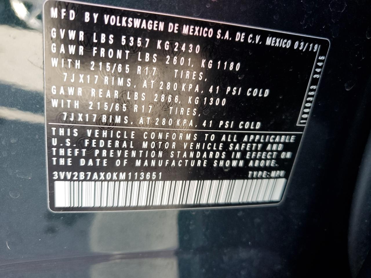 2019 Volkswagen Tiguan VIN 3VV2B7AX0KM113651 Copart auction photo, water/flood damage thumbnail 13