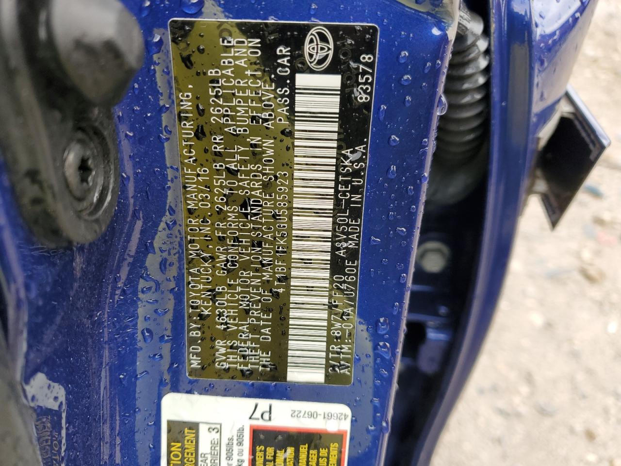 2016 Toyota Camry VIN 4T1BF1FK5GU585923 Copart auction photo, biohazard/chemical / all over damage thumbnail 12