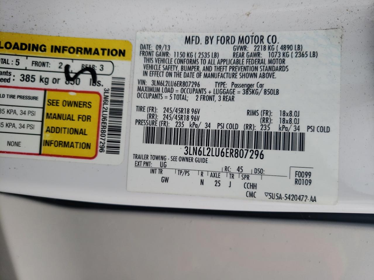 2014 Lincoln MKZ VIN 3LN6L2LU6ER807296 Copart auction photo, front end damage thumbnail 15