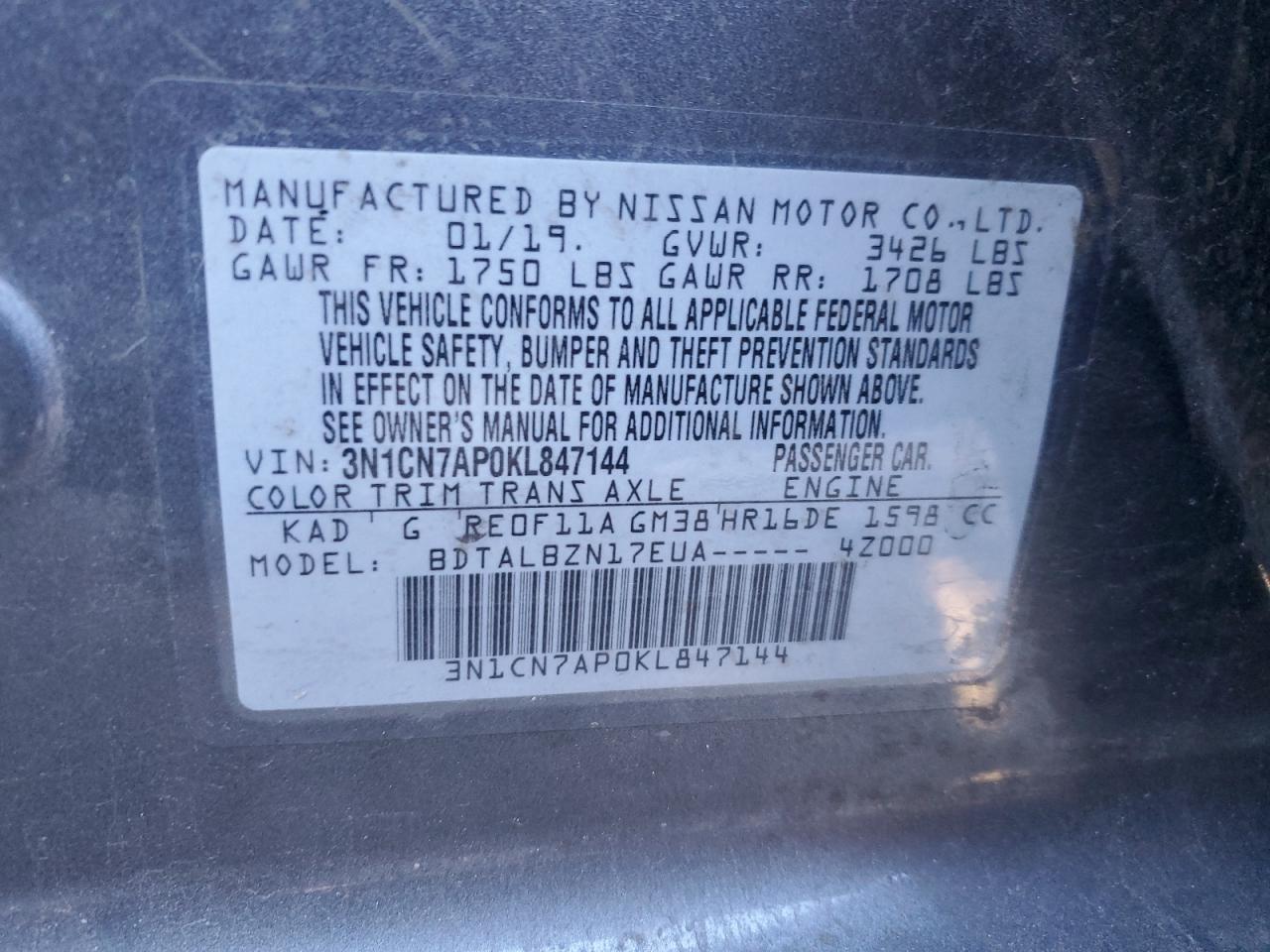 2019 Nissan Versa VIN 3N1CN7AP0KL847144 Copart auction photo, front end damage thumbnail 12
