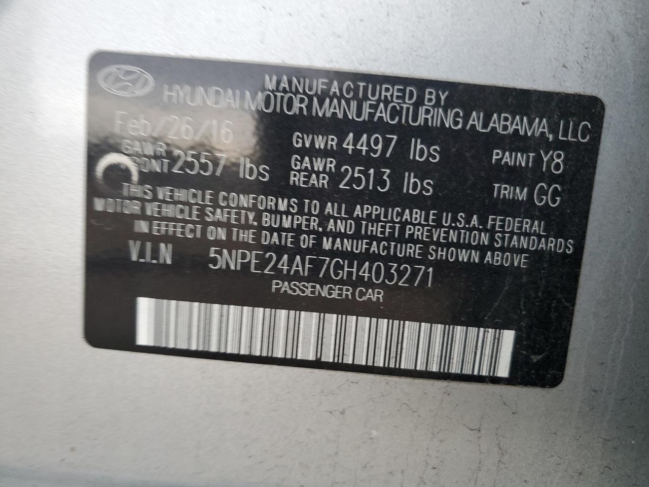 2016 Hyundai Sonata VIN 5NPE24AF7GH403271 Copart auction photo, rear end damage thumbnail 12