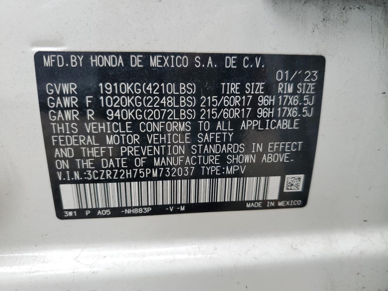 2023 Honda HR-V VIN 3CZRZ2H75PM732037 Copart auction photo, side / front end damage thumbnail 15