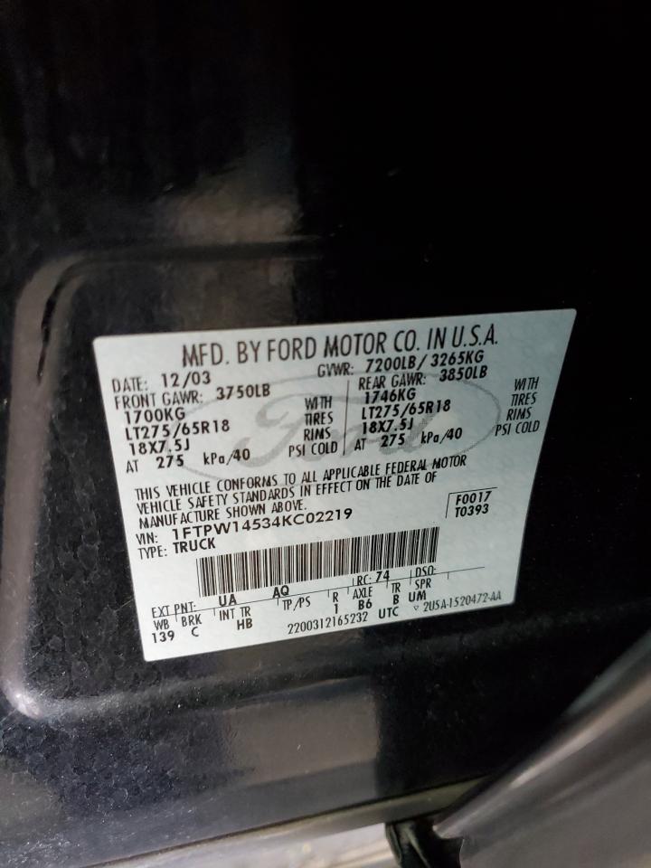 2004 Ford F-150 VIN 1FTPW14534KC02219 Copart auction photo, mechanical damage thumbnail 12
