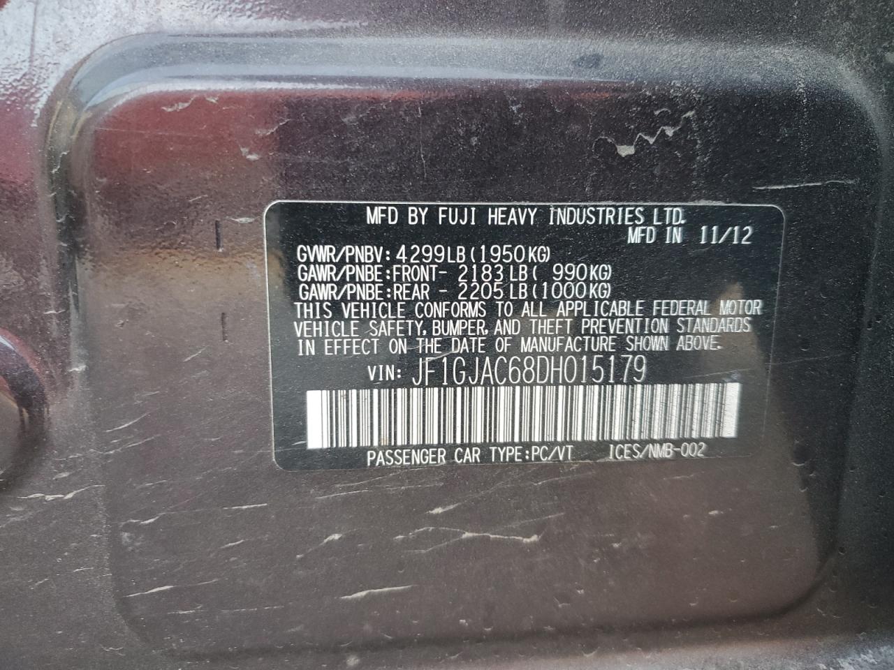 2013 Subaru Impreza VIN JF1GJAC68DH015179 Copart auction photo, front end damage thumbnail 12
