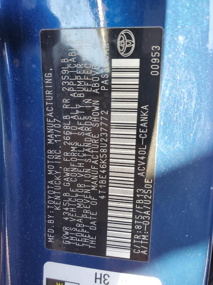 2008 Toyota Camry VIN 4T1BE46K58U237772 Copart auction photo, all over damage thumbnail 13