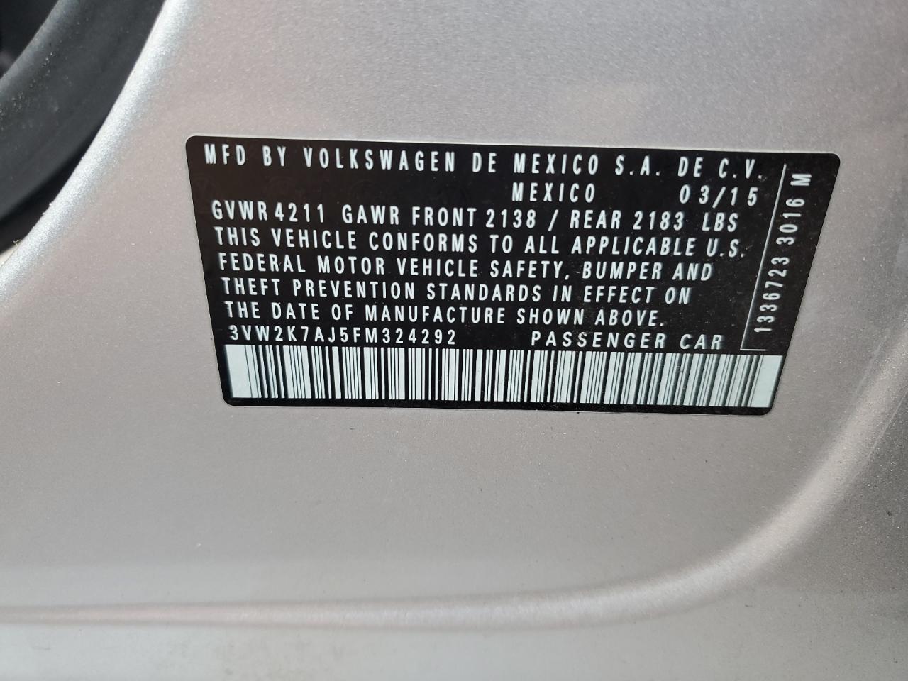 2015 Volkswagen Jetta VIN 3VW2K7AJ5FM324292 Copart auction photo, front end / side damage thumbnail 14