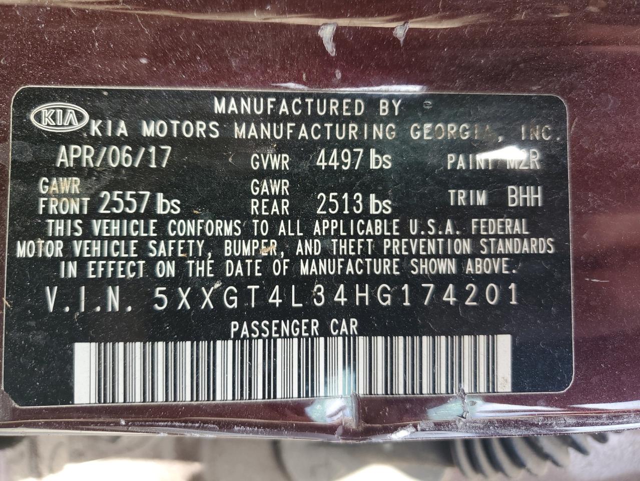 2017 KIA Optima VIN 5XXGT4L34HG174201 Copart auction photo, vandalism / minor dent/scratches damage thumbnail 12