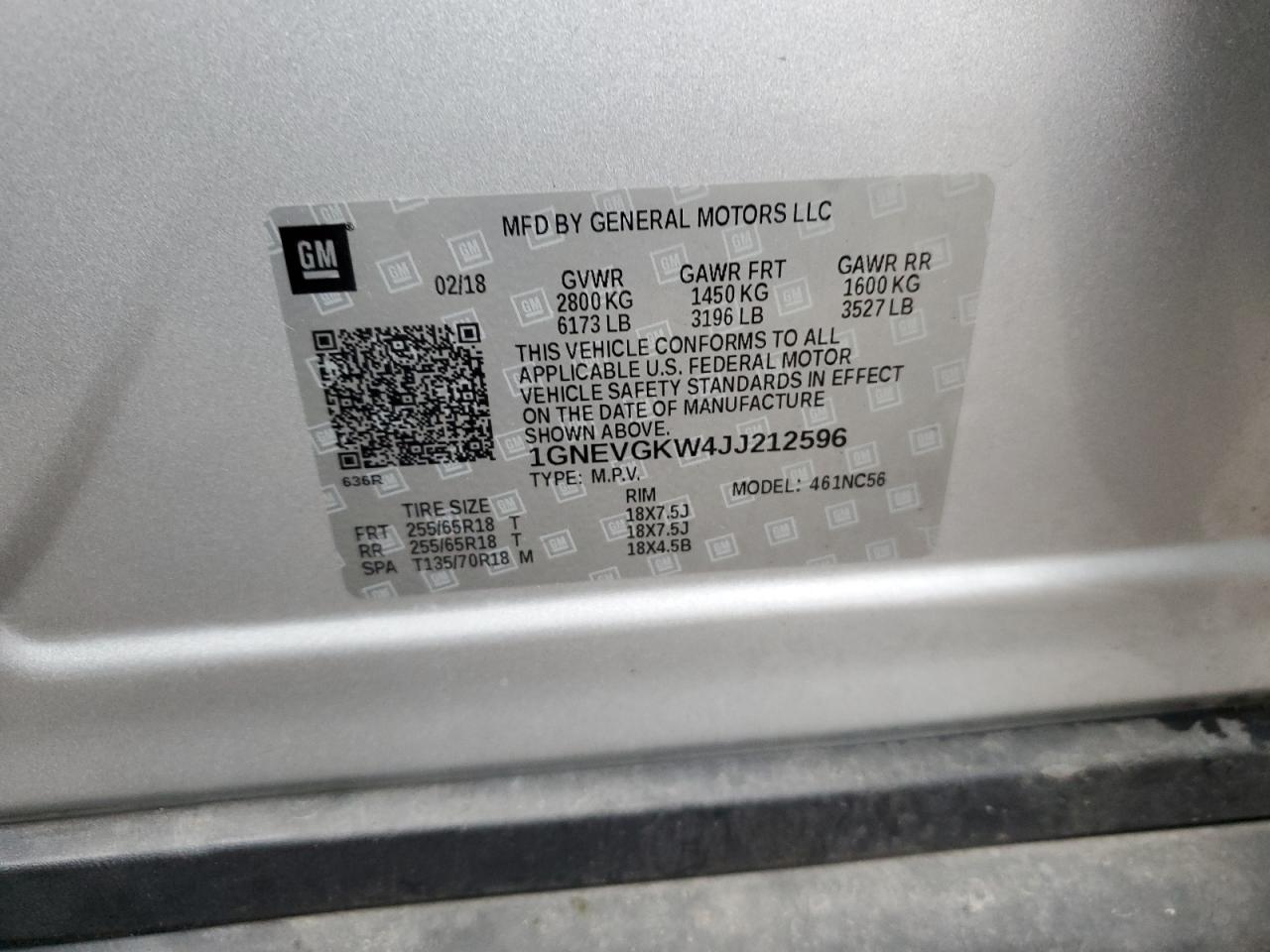 2018 Chevrolet Traverse VIN 1GNEVGKW4JJ212596 Copart auction photo, front end damage thumbnail 13