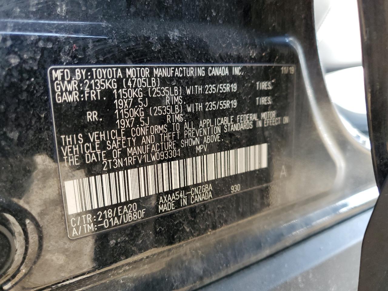 2020 Toyota RAV 4 VIN 2T3N1RFV1LW093301 Copart auction photo, rollover damage thumbnail 15