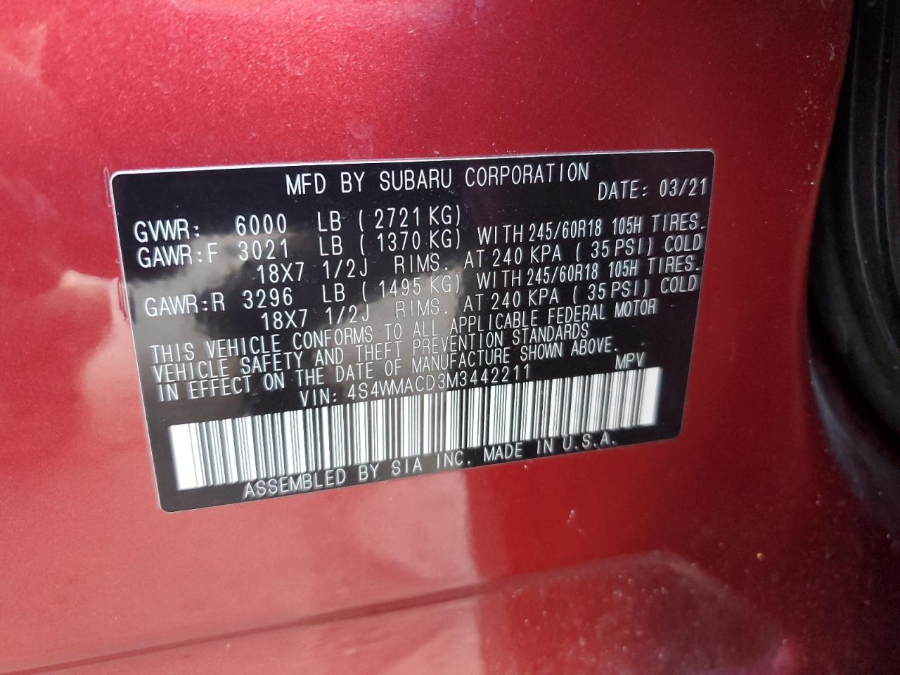2021 Subaru Ascent VIN 4S4WMACD3M3442211 Copart auction photo, front end damage thumbnail 15
