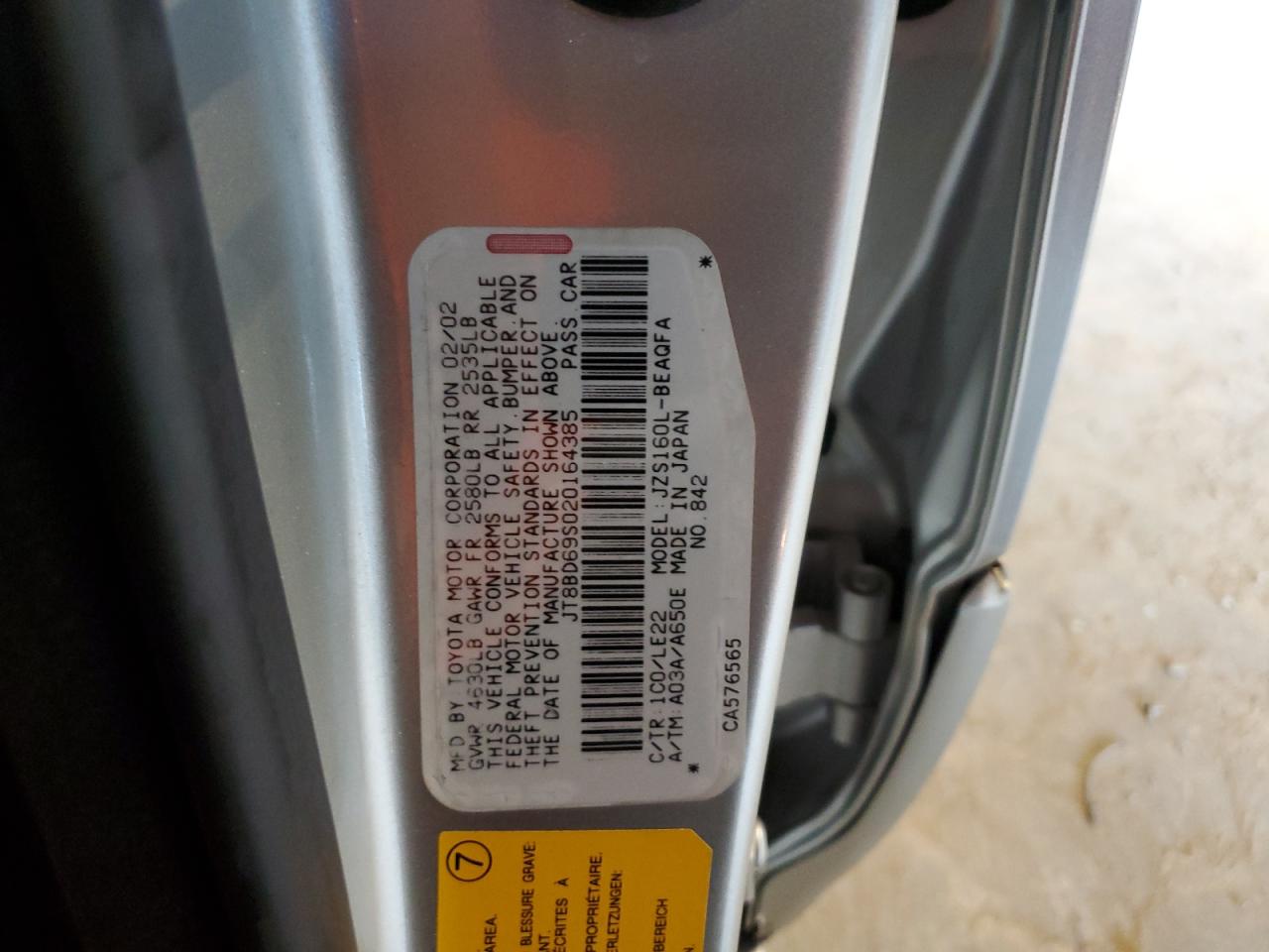 2002 Lexus GS 300 VIN JT8BD69S020164385 Copart auction photo, rear end damage thumbnail 12