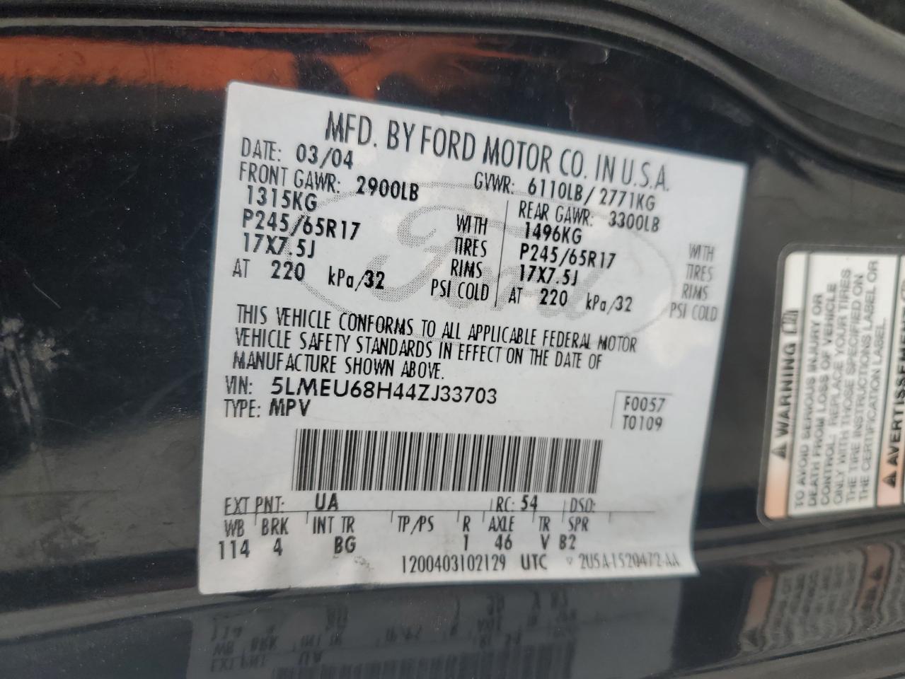 2004 Lincoln Aviator VIN 5LMEU68H44ZJ33703 Copart auction photo, rear end / front end damage thumbnail 15