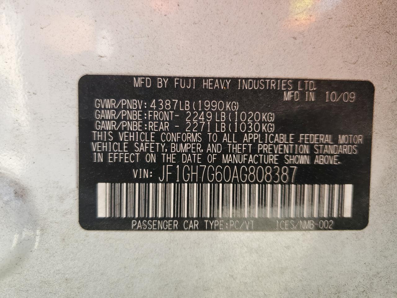 2010 Subaru WRX VIN JF1GH7G60AG808387 Copart auction photo, front end damage thumbnail 13
