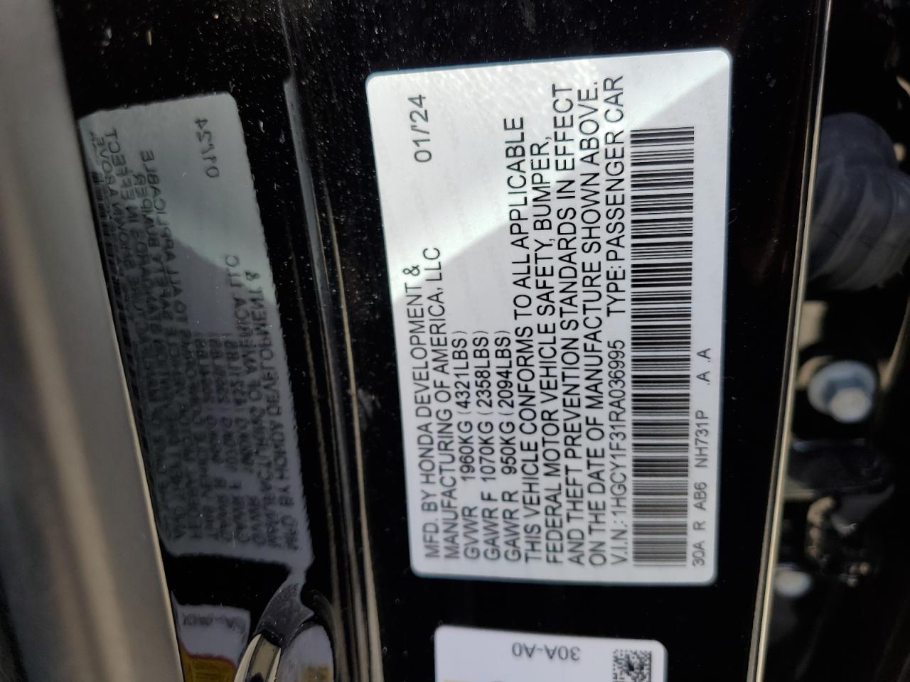 2024 Honda Accord VIN 1HGCY1F31RA036995 Copart auction photo, side / front end damage thumbnail 14