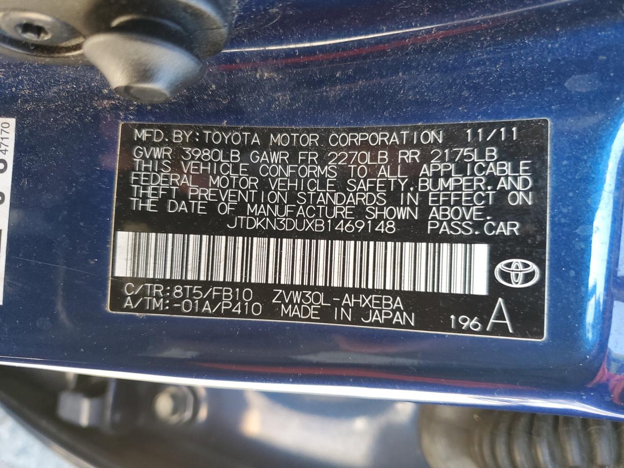2011 Toyota Prius VIN JTDKN3DUXB1469148 Copart auction photo, rear end damage thumbnail 12