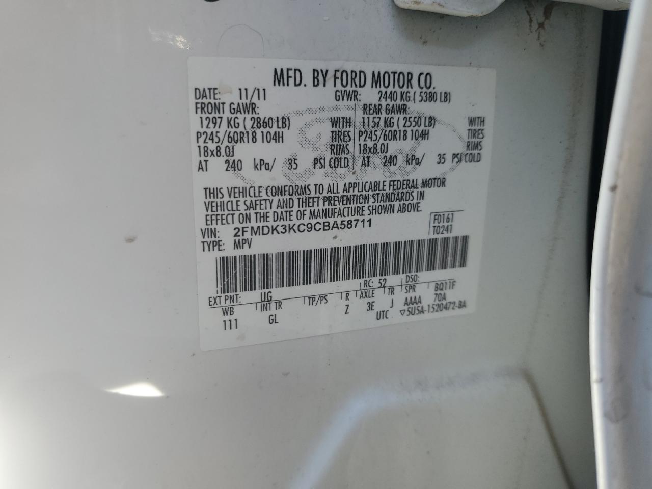 2012 Ford Edge VIN 2FMDK3KC9CBA58711 Copart auction photo, front end damage thumbnail 13