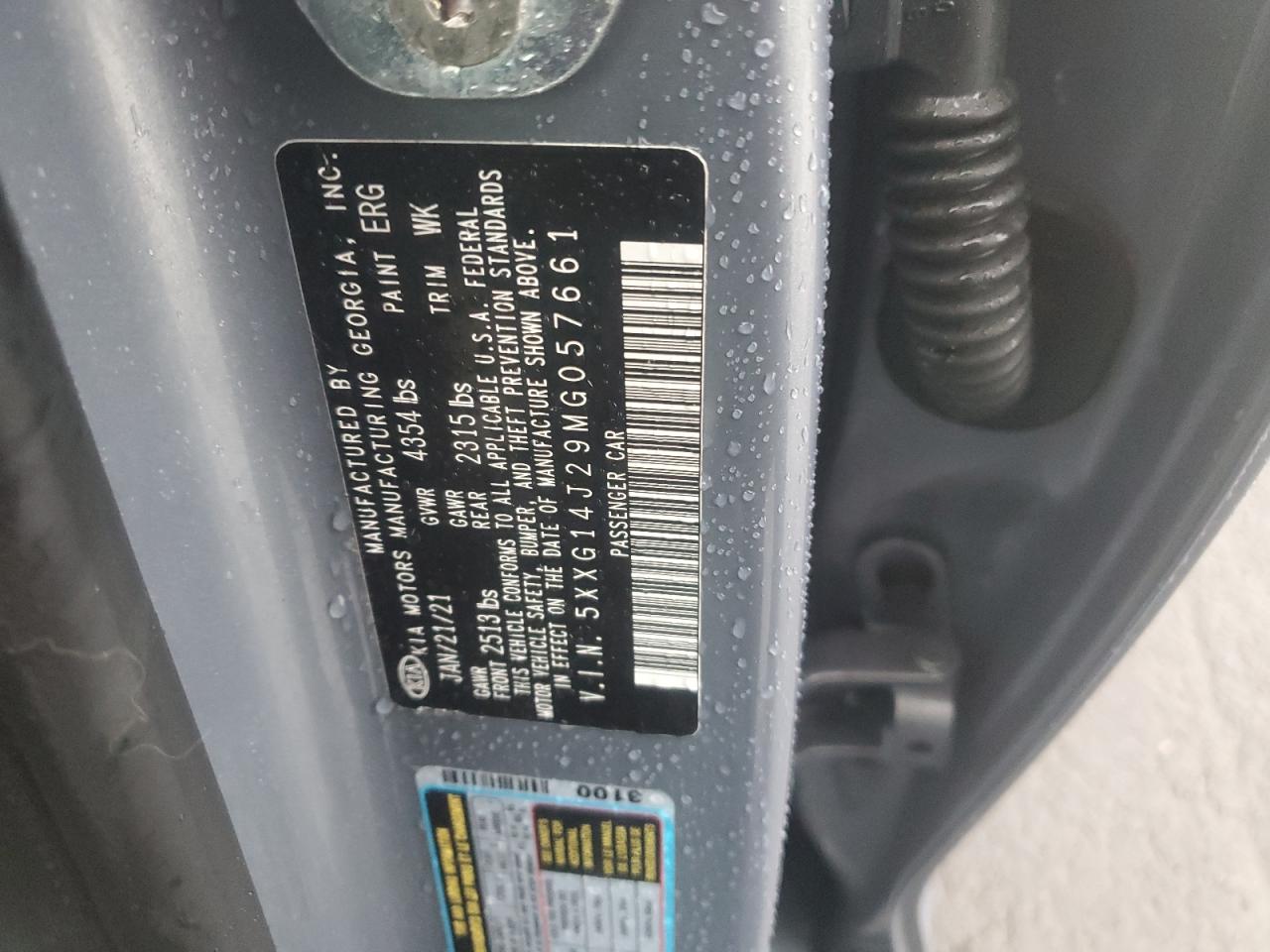 2021 KIA K5 VIN 5XXG14J29MG057661 Copart auction photo, front end / side damage thumbnail 14