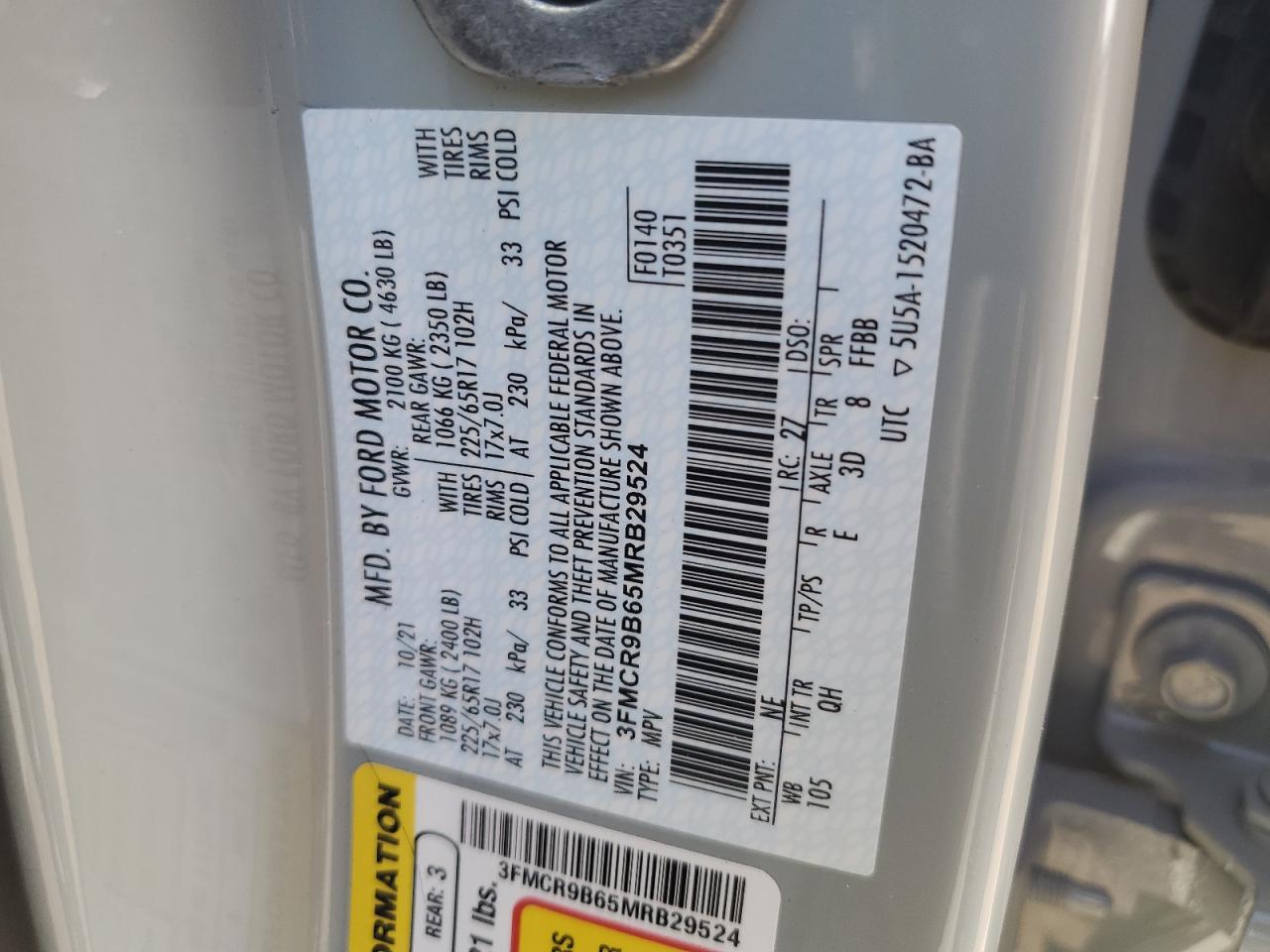 2021 Ford Bronco VIN 3FMCR9B65MRB29524 Copart auction photo, front end damage thumbnail 15
