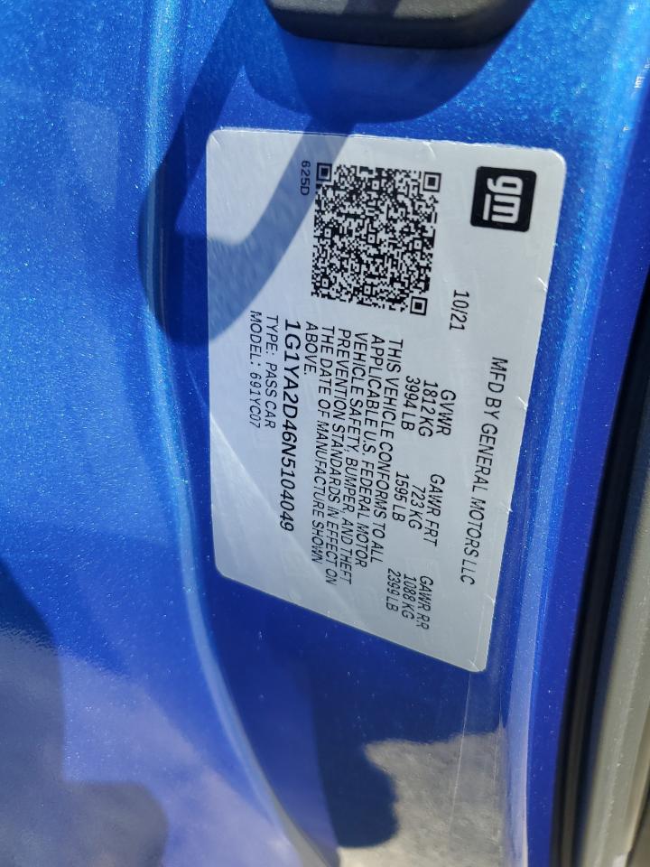 2022 Chevrolet Corvette VIN 1G1YA2D46N5104049 Copart auction photo, minor dent/scratches damage thumbnail 12
