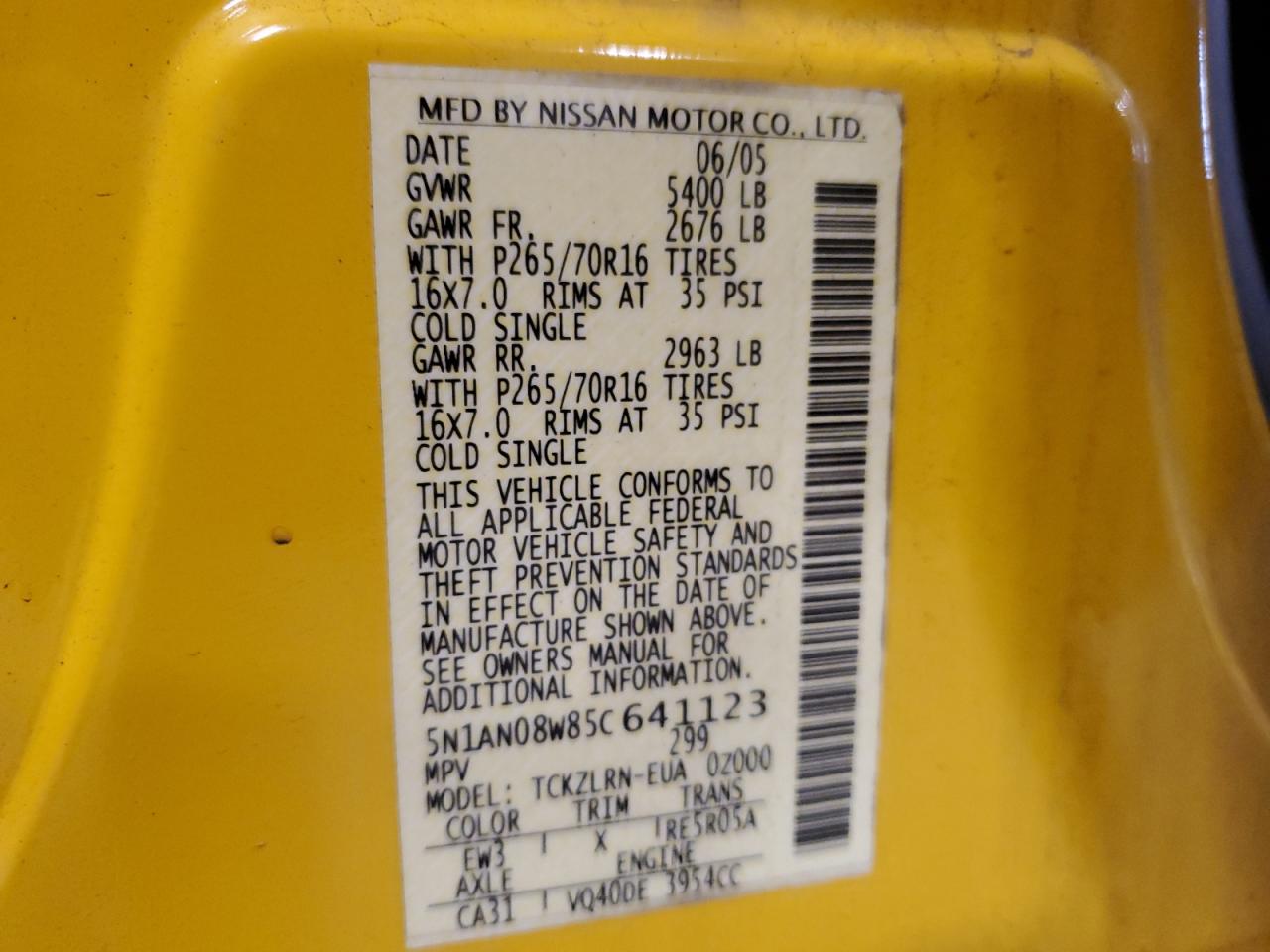 2005 Nissan XTerra VIN 5N1AN08W85C641123 Copart auction photo, side / front end damage thumbnail 15