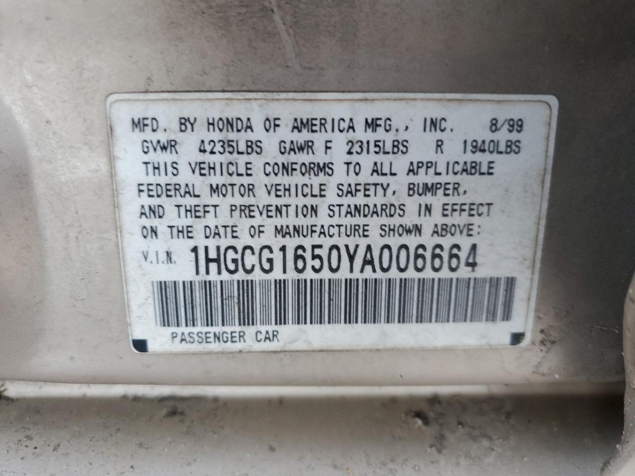 2000 Honda Accord VIN 1HGCG1650YA006664 Copart auction photo, all over damage thumbnail 15