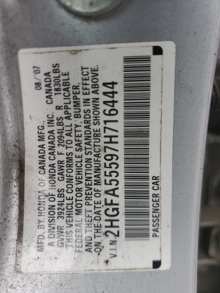 2007 Honda Civic VIN 2HGFA55597H716444 Copart auction photo, front end / minor dent/scratches damage thumbnail 13