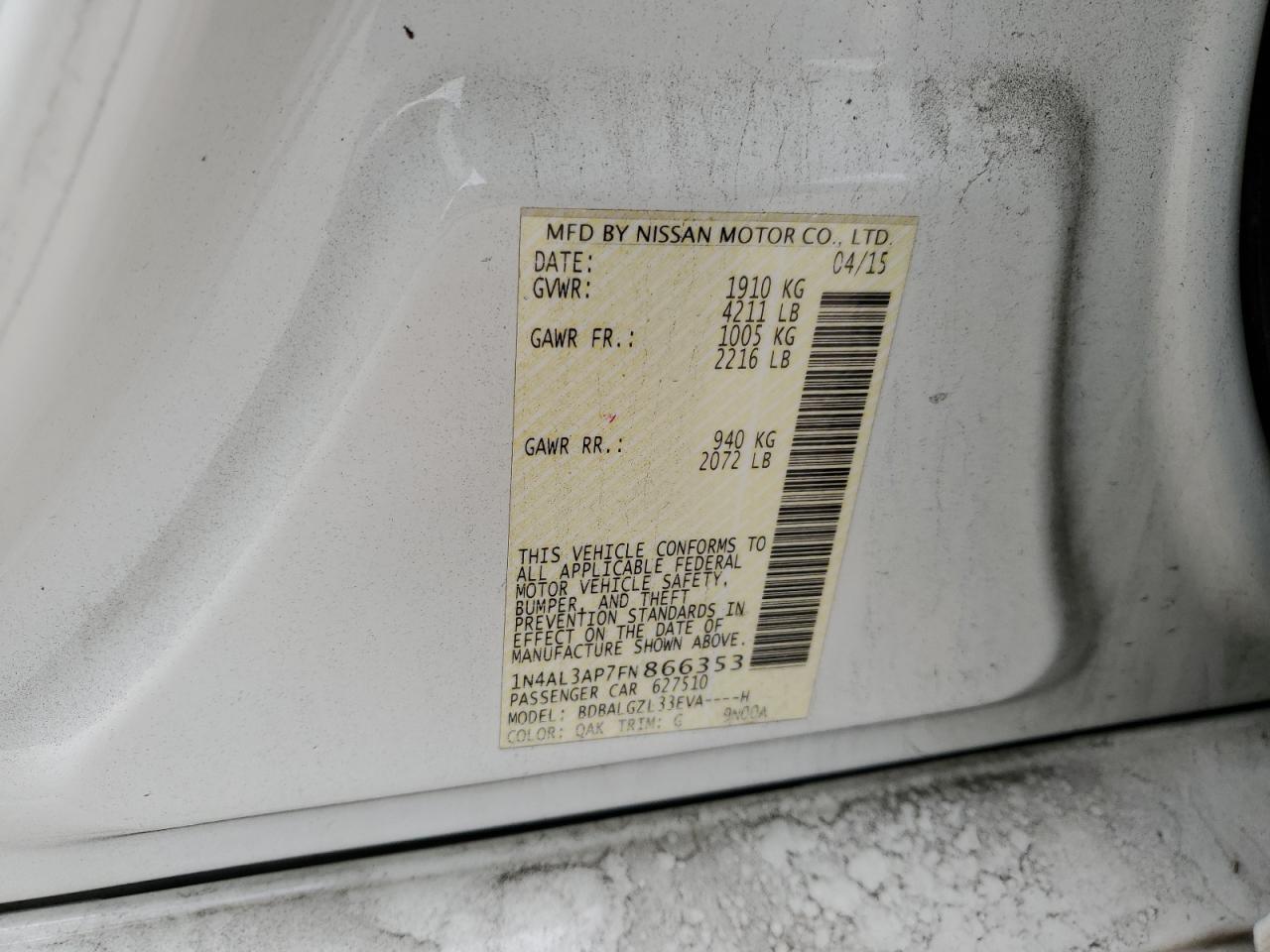 2015 Nissan Altima VIN 1N4AL3AP7FN866353 Copart auction photo, rear end / minor dent/scratches damage thumbnail 13